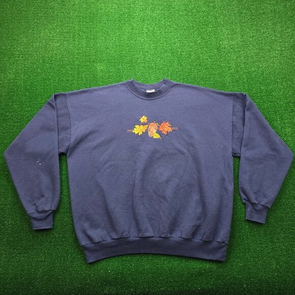 Fall Maple Leaf Sweatshirt Mens 2XL Blue Pullover Crewneck Embroidered Casual - Picture 1 of 7